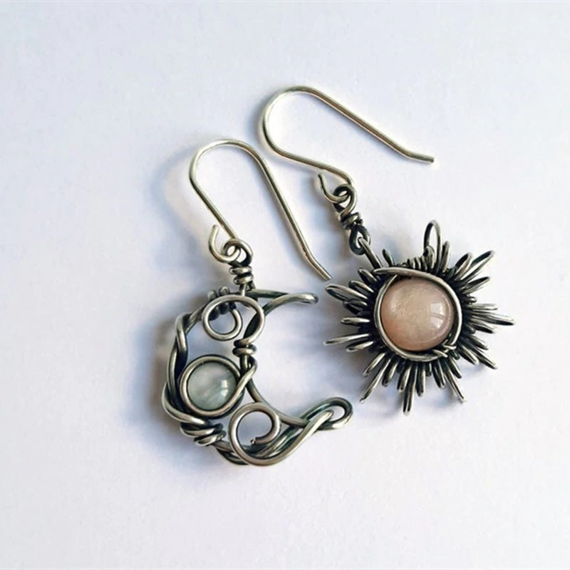 Retro Sun Moon Earrings Moonstone Asymmetric Sun Moon Earrings