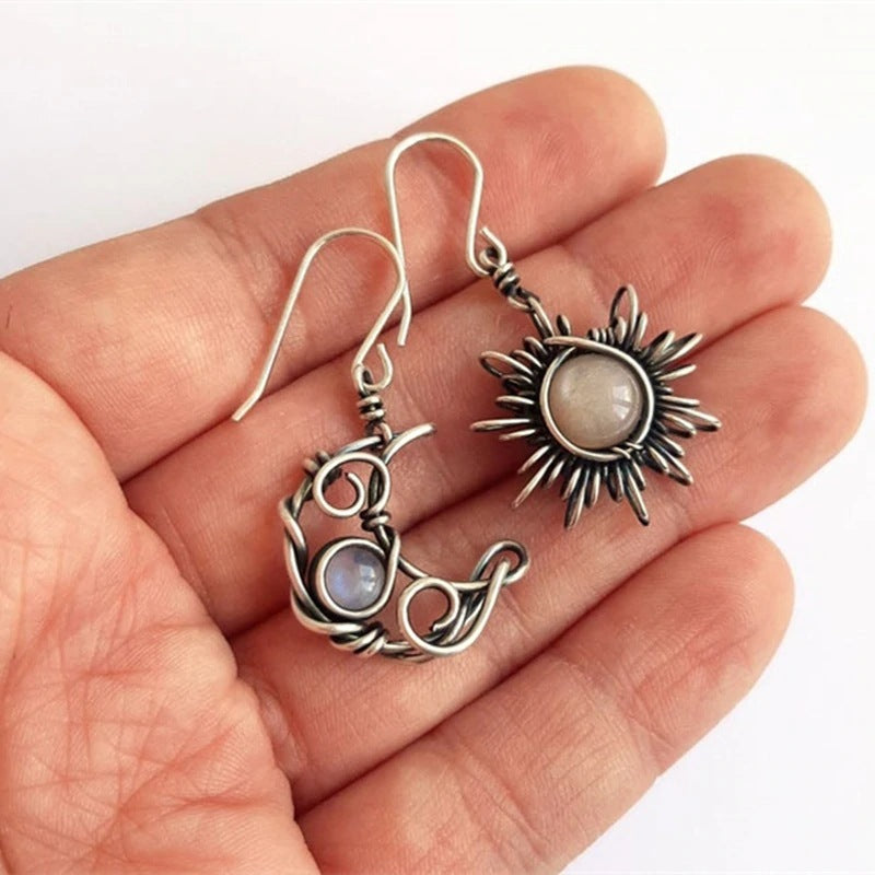 Retro Sun Moon Earrings Moonstone Asymmetric Sun Moon Earrings