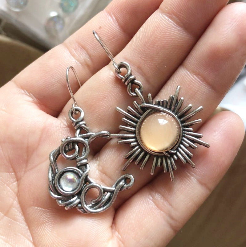 Retro Sun Moon Earrings Moonstone Asymmetric Sun Moon Earrings