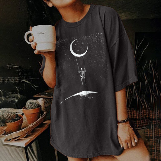 Retro Moon Print Short Sleeve Girl